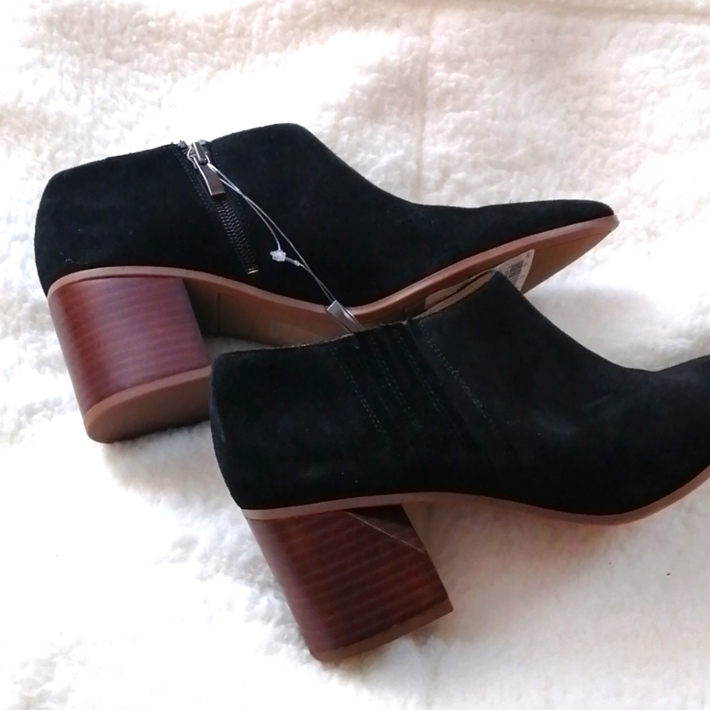 Franco Sarto Black Suede Ankle Booties with Stacked Brown Heel